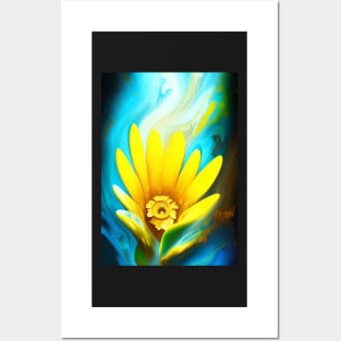 STUNNING WHITE AND YELLOW FLOWERS BLUE BACKGROUND Posters and Art